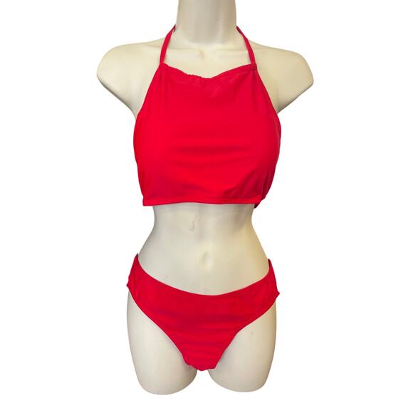 Red 2-Piece Halter Bikini Bathing Suit Women's Size Large | Stylish Metal Clasp - Picture 1 of 2